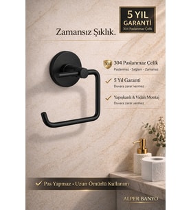 Siyah 304 Paslanmaz Çelik Tuvalet Kağıtlığı – 5 Yıl Garantili – Yapışkanlı & Vidalı Montaj