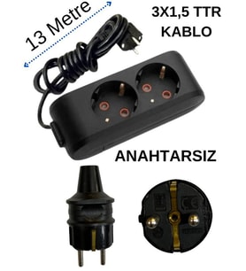 Avarson (2'Li) İkili Priz Topraklı Kablolu Siyah (3x1,5 TTR) 13 (On Üç) Metre