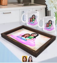 BK Gift Kişiye Özel Anne Kız Karikatürlü Doğal Ahşap Tepsi ve 2’li Kupa Bardak Seti-3