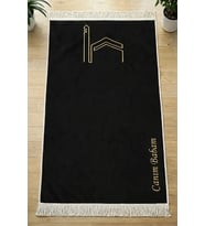 Canım Babama- Kabe Desenli Saçaklı Kadife Seccade - Siyah