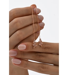 Gümüş rose zirkon taşlı yılan figürlü zincir küpe SGTL13034ROSE