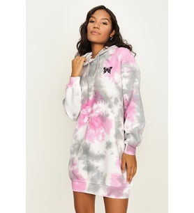 Kadın Batik Desenli Kapüşonlu Sweat Elbise (Gri)