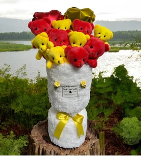 Sarı Kırmızı Sevimli Peluş Ayıcıklar Mini Kalp Balonlar Peluş Vazo Tasarımlı Buket Taraftar Galatasaray