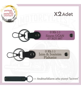 Motorcuya, İsim Plaka ve 0 Rh (-) Kan Grubu Yazılı Özel Tasarım Deri x2 Anahtarlık, Pudra-Pembe-Laci (Çok Renkli)