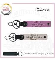 Motorcuya, İsim Plaka ve 0 Rh (-) Kan Grubu Yazılı Özel Tasarım Deri x2 Anahtarlık, Pudra-Pembe-Laci (Çok Renkli)