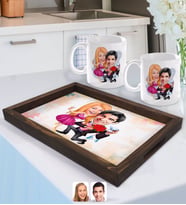 BK Gift Kişiye Özel Sevgililer Karikatürlü Doğal Ahşap Tepsi ve 2’li Kupa Bardak Seti-9
