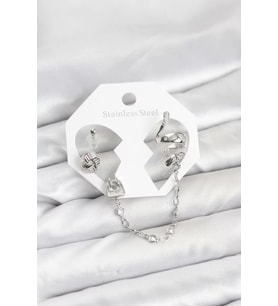 Pirinç Gümüş Renk Yılan Model Zincir Bağlantılı Ear Cuff Küpe Seti - TJ-BKP11533