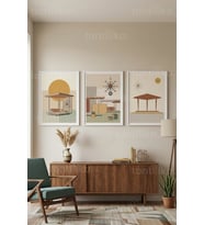 Mid-Century Modern Soyut Geometrik Mimari 3’lü Ahşap Çerçeveli Tablo Seti