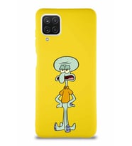 Samsung Galaxy A12 Soft Premier Kapak Squidward Dokunaç Tasarımlı Silikon Kılıf - Sarı (Şeffaf)