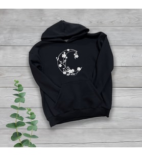 Çicekli Ay Göğüs Baskılı Unisex Oversize Siyah Sweatshirt