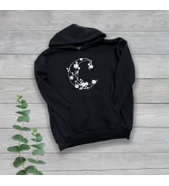 Çicekli Ay Göğüs Baskılı Unisex Oversize Siyah Sweatshirt