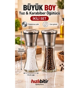 ByMyHand Paslanmaz Çelik Cam Gövdeli Tuz ve Karabiber Öğütücü Baharat Değirmeni 2'li Set (Büyük Boy)