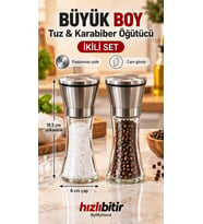 ByMyHand Paslanmaz Çelik Cam Gövdeli Tuz ve Karabiber Öğütücü Baharat Değirmeni 2'li Set (Büyük Boy)