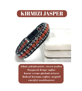 Sertifikalı Kırmızı Jasper Disk Model Doğal Taş Erkek Bileklik Kilitli Kapama