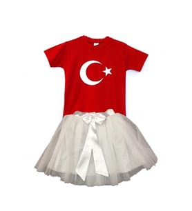 Kız Çocuk 23nisan 29ekim Gösteri Kostüm Doğumgünü Kıyafeti Ayyıldız Kısa Kol & Tütü Etek Takım