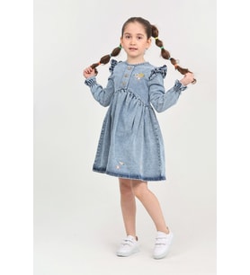 Kız Çocuk Papatya Nakışlı Omuz Fırfırlı Jean Elbise 12466 MODANINO (İndigo)