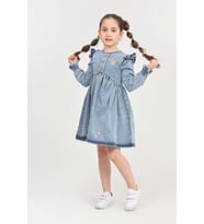 Kız Çocuk Papatya Nakışlı Omuz Fırfırlı Jean Elbise 12466 MODANINO (İndigo)