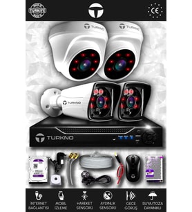 TURKNO 4 Kameralı Karia 2 İç Kamera Set 1 TB HDD Full HD Gece Görüşlü Güvenlik Kamerası Sistemi
