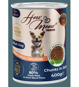 HOW MEOW 12 ADET JÖLELİ PARÇA ETLİ YETİŞKİN KÖPEK YAŞ MAMASI SOMONLU 400 GRAM