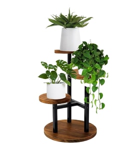 Çiçeklik 3 Raflı Saksılık Dekoratif 3 Raflı Çiçeklik Metal Doğal Ahşap Saksılık Çiçek Rafı Daire Model