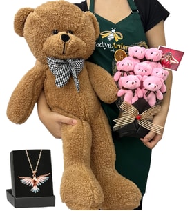 Fotoğraflı 7'li Peluş Ayıcık Buketi, Renkli Anka Kuşu Kolye ve Kahverengi Peluş Ayıcık (Model 2)