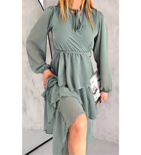 Neşeli butik kadın astarlı eteği kat kat şifon elbise NBKKLF2041 (Mint)