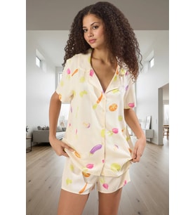 Kadın Sebze Desenli Viskon Pijama Takımı Yazlık Rahat Şortlu Ve Şık Trend Tasarım Mükemmel Uyum (Ekru)