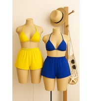 pilelistore Kadın Sarı Ve Mavi Şortlu Belden Ve Boyundan Bağlamalı Bikini Takımı (Çok Renkli)