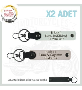 Motor Tutkunlarına Özel, İsim Plaka ve B Rh (-) Kan Grubu Yazılı Deri x2 Anahtarlık, Pudra-Beyaz-Syh (Çok Renkli)