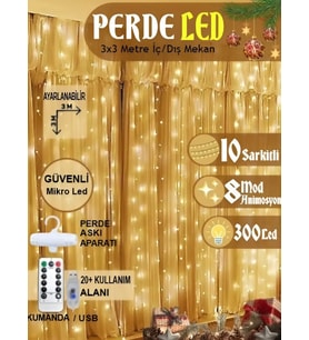 Perde Led 3x3 Kumandalı 8 Fonksiyonlu 300 Led 10 Sarkıtlı Yılbaşı Cam Ağacı Süsleme Usb Gece Lambası (Sarı)