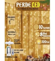 Perde Led 3x3 Kumandalı 8 Fonksiyonlu 300 Led 10 Sarkıtlı Yılbaşı Cam Ağacı Süsleme Usb Gece Lambası (Sarı)