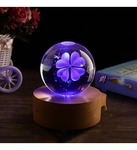 Işıklı Ahşap Kaideli Yonca Temalı Cam Küre 8cm*6cm