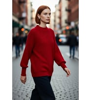 Kadın Oversize Balon Kol Selanik Dokuma Bisiklet Yaka Uzun Düz Basic Triko Kazak %100 Akrilik