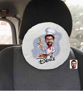 BK Gift Kişiye Özel İsimli Erkek Chef Karikatürlü Yuvarlak Araç Koltuk Yastığı-1