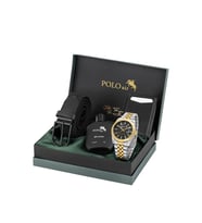 Polo Air Mercek Takvimli Erkek Kol Saati Otomatik Cüzdan Kemer Parfüm Seti Gold Gümüş Siyah Renk PL-7079E6 (Siyah-Altın)