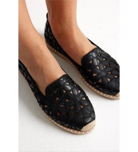 Green Mod 923 Kadın Hasırlı Nakışlı Espadril Babet Siyah