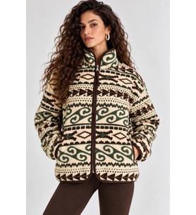 Desenli Dik Yaka Cepli Biyeli Kadın Polar Sweatshirt - Krem-Yeşil
