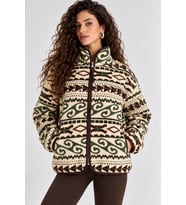 Desenli Dik Yaka Cepli Biyeli Kadın Polar Sweatshirt - Krem-Yeşil
