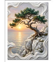 Bonsai Ağaç Ve Kayalık Gün Batımı Dekoratif Kanvas - Mdf Ahşap Tablo