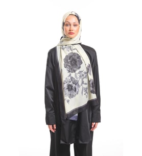 Çiçekli Desen Pavia Seri Şal Eşarp Askısı İle Birlikte 90x200 Krem Siyah-90X200