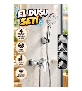 Krem 4 Kademeli El Duşu Seti – Spiral Hortum ve Duvar Askılı