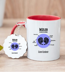 Kişiye Özel İkizler Burcuna Hediye Kırmızı Kupa Bardak ve Anahtarlık