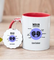 Kişiye Özel İkizler Burcuna Hediye Kırmızı Kupa Bardak ve Anahtarlık