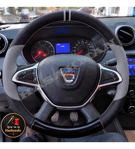 Dacia Logan Dikme Direksiyon Kılıfı Delikli Deri Parlak Siyah Gri Detay Çift Yüzük ve Dikiş 2017-2020