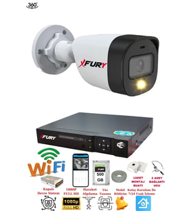FURY 1 Kameralı 1080P 2Mp Görüntü Gece Renkli Full Hd Ultra Led Gece Renkli Güvenlik Kamerası Seti 500GB
