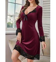 Kadın Uzun Kollu V Dantel Yakalı Mini Kadife Elbise (Bordo)