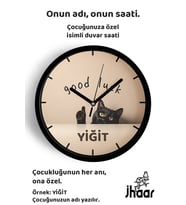 İsme Özel Good Luck Kedi Çocuk Odası Duvar Saati Orta Boy 30 cm Siyah Camlı Sessiz