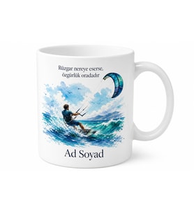 Kite Surf Yapanlara Rüzgar Uçurtması ve Dalga Sörfü Çizimli Kupa Bardak Hediye