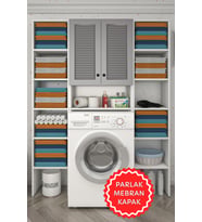 Kenzlife membran çamaşır makinesi dolabı sinemmaksduble gribyz panjur 180*126*30 mebran kapak MDF gövde kapaklı arkalıklı raflı (Beyaz-Gri)