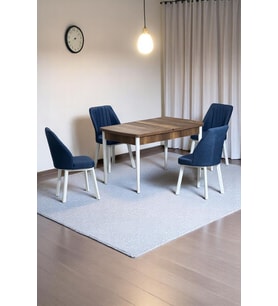 Florn Ceviz 80 x 132 Açılabilen MDF Masa Metal Ayaklı Mutfak Masası Takımı 4 Lacivert Sandalye
